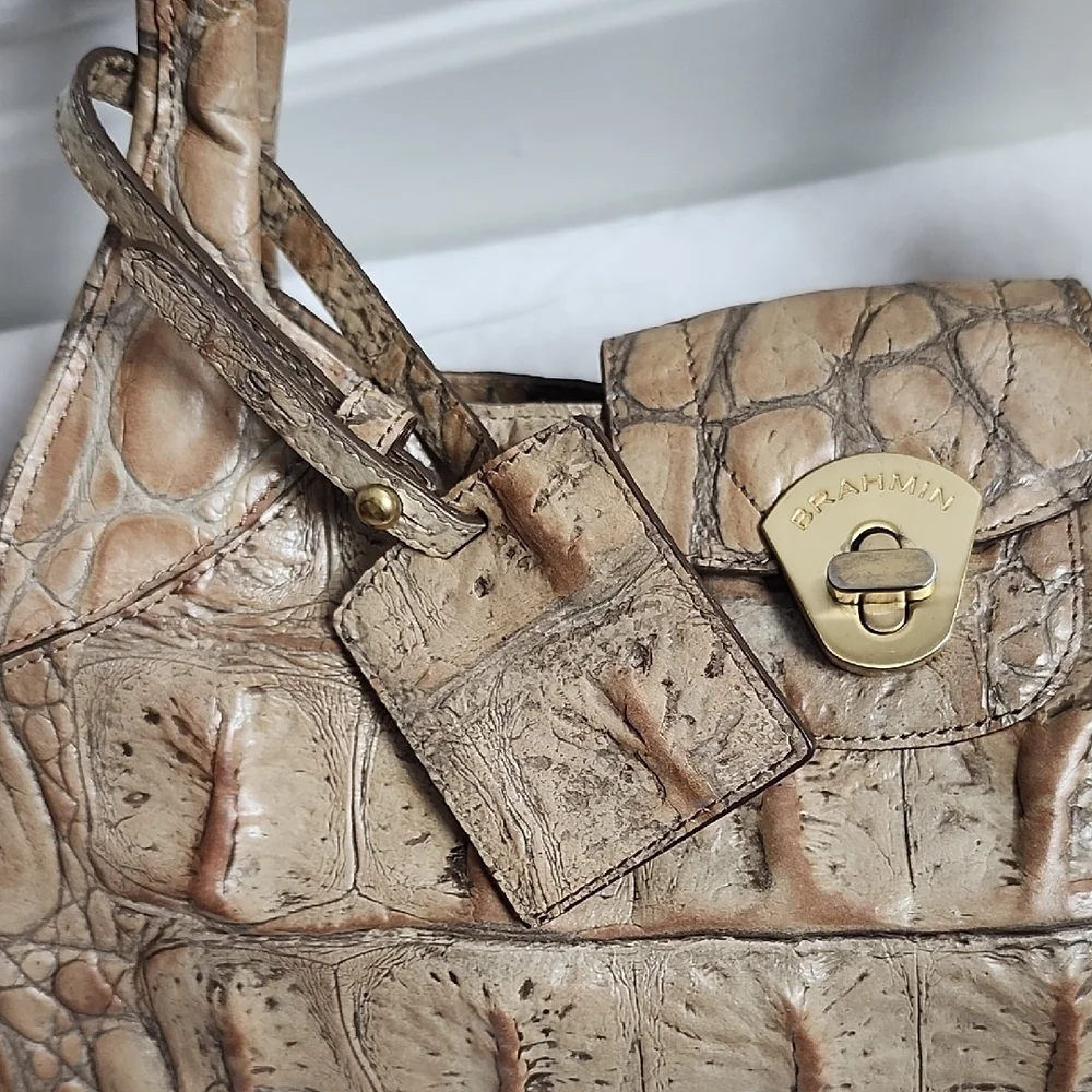 Brahmin Tan Croc-Embossed Leather Shoulder Bag with Goldtone Hardware Medium